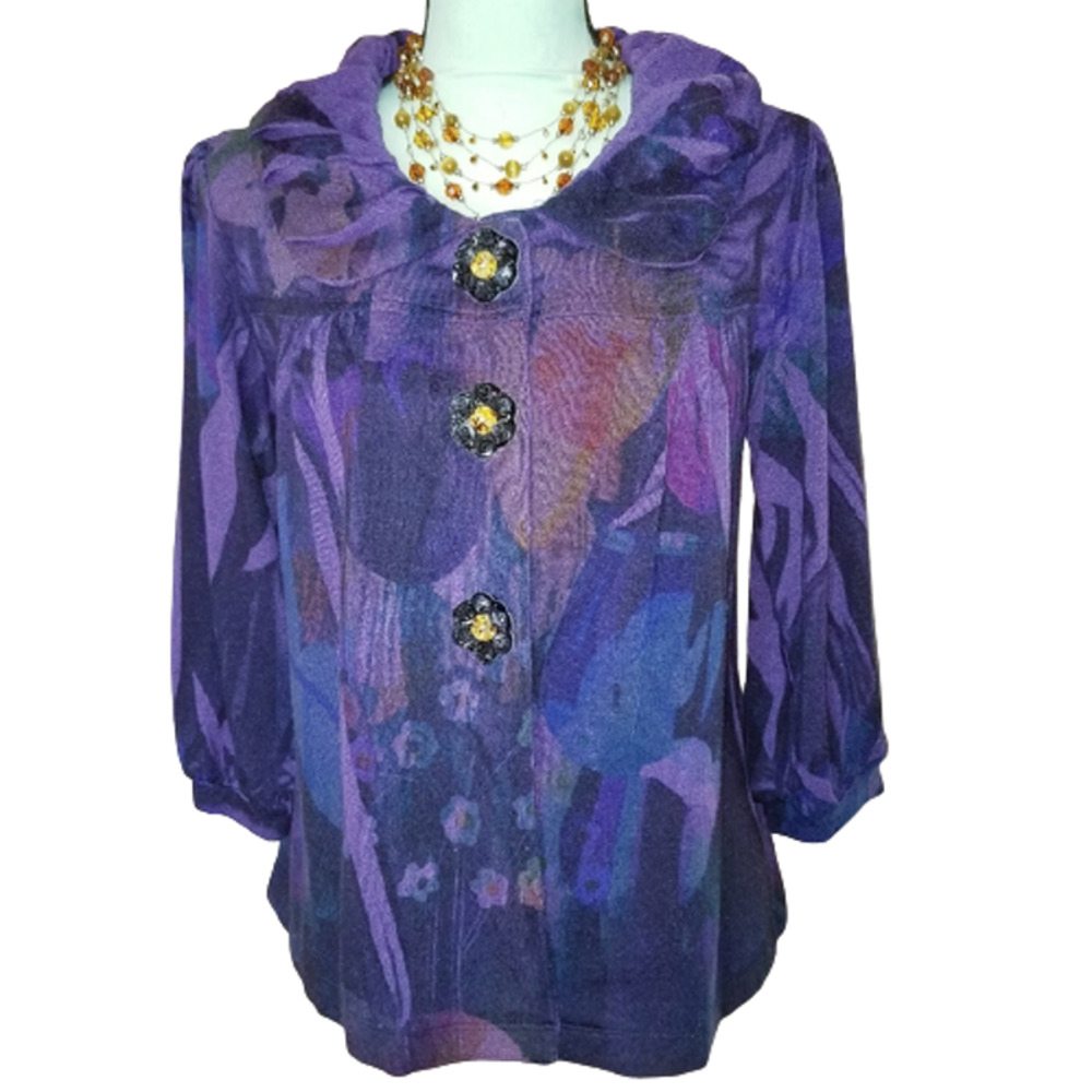 B.L.E.U. Missy Knit Floral Cardigan Top Purple SP